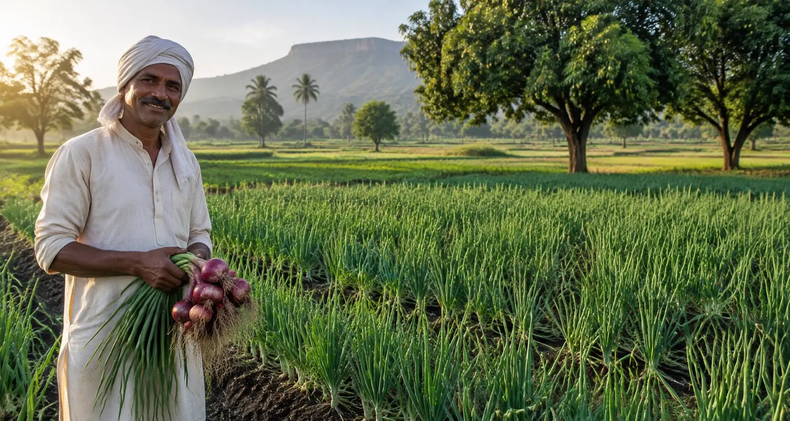 A Maharashtra farmer holding freshly harvested onions in his field